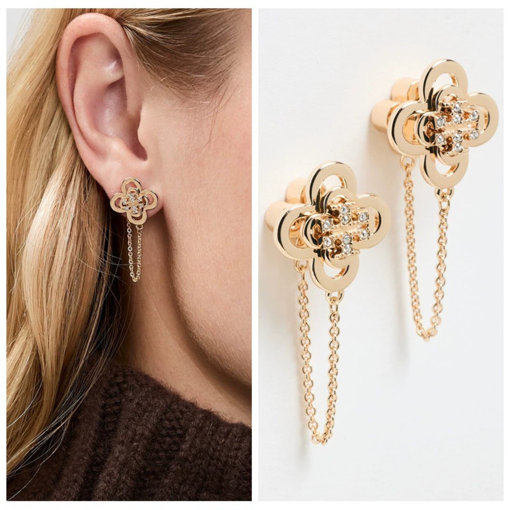 Tory Burch Pave Double Four Leaf Clover Front Back Earrings